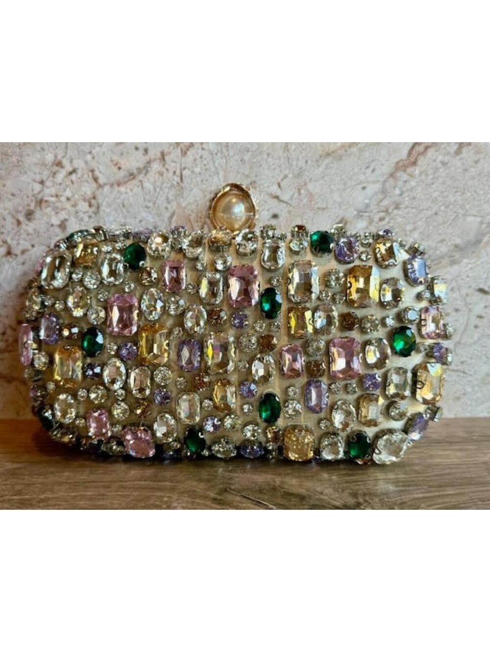 Gold Crystal Rhinestone Evening Clutch Bag Multicolor Formal Purse NWT